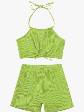 Girls Lime Green Halter Tank Top & Shorts Set